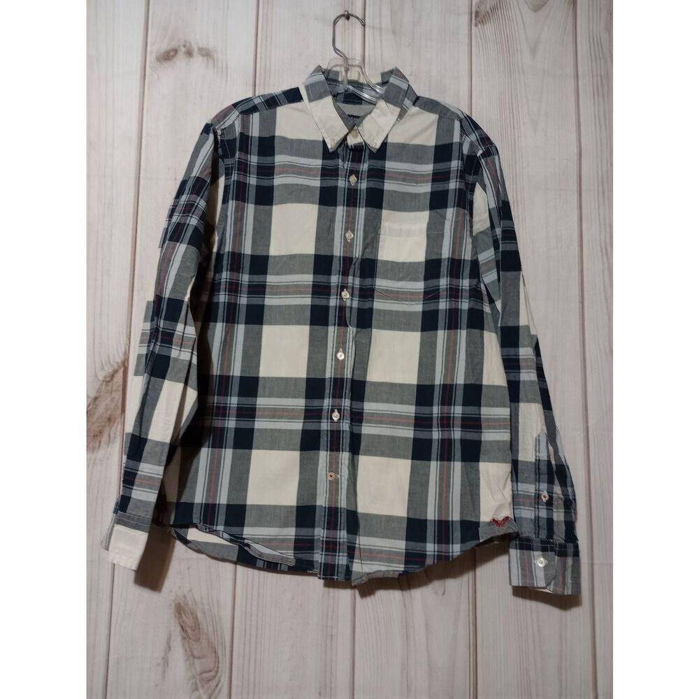 American Eagle Mens Large Athletic Fit Plaid Button Down Shirt Navy White Cotton